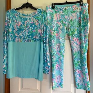 Lilly Pulitzer Aqua, Blue and Green Floral Print Top and pant set size XL